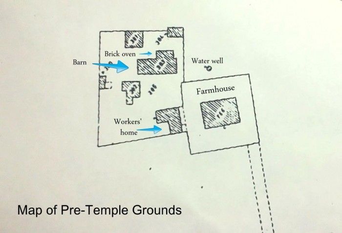 Terreno del Tempio di Roma prima dell'acquisto Mappa del territorio prima dell’acquisto - forno di mattoni - pozzo dell’acqua - fienile - fattoria - casa dei lavoratori.